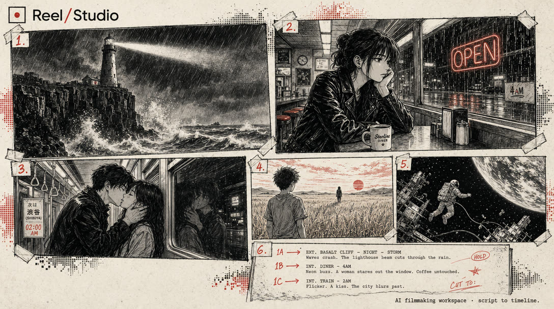A Reel Studio collage showing generated film panels used as proof of a multi-shot AI film workflow.